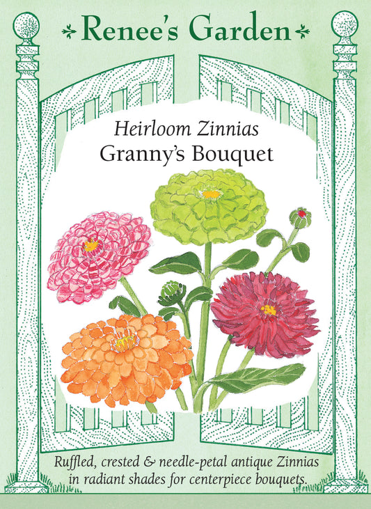 Seed packet with floral design and text about 'Granny's Bouquet' zinnias from Renee's Garden. Ruffled, crested and needle-petal antique Zinnias in radiant shades for centerpiece bouquets.