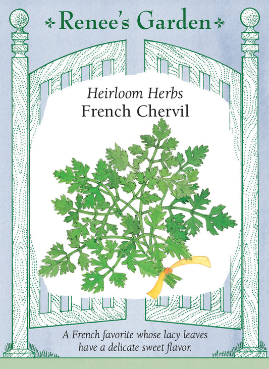 Seed packet for Renee's Garden Heirloom Herbs French Chervil with green leaves and text on a light blue background. A French favorite whose lacy leaves have a delicate sweet flavor.